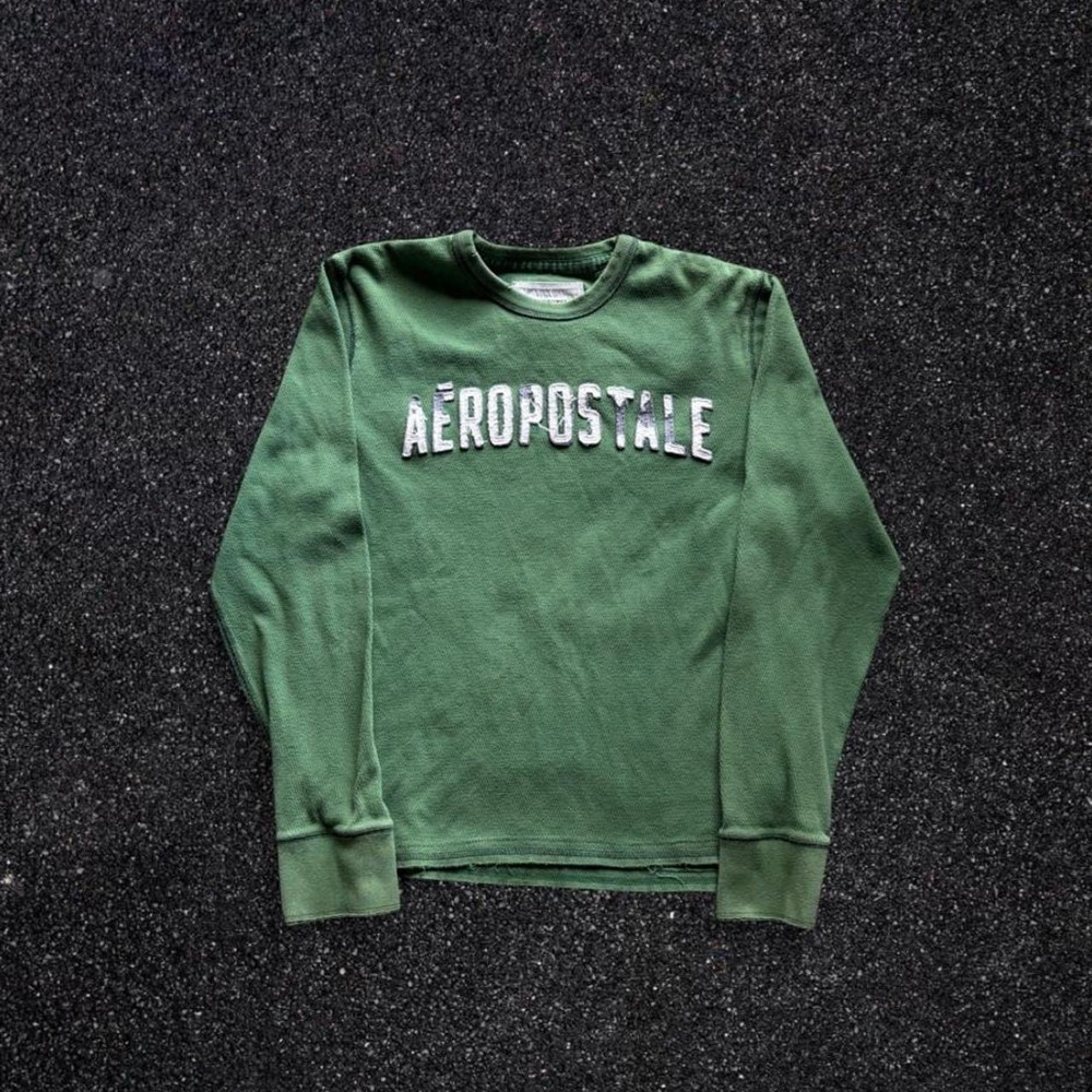 Aeropostale Mens Thermal Shirt XL Green Waffle Knit Long Sleeve Distressed Logo